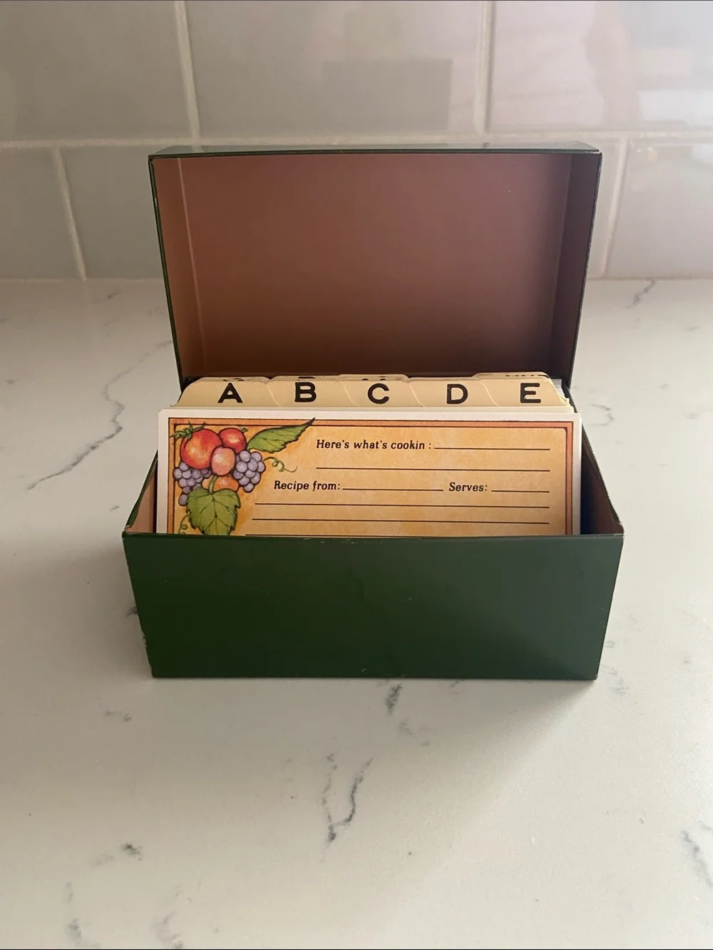 Vintage Green Metal Recipe Box with Dividers and Recipe Cards